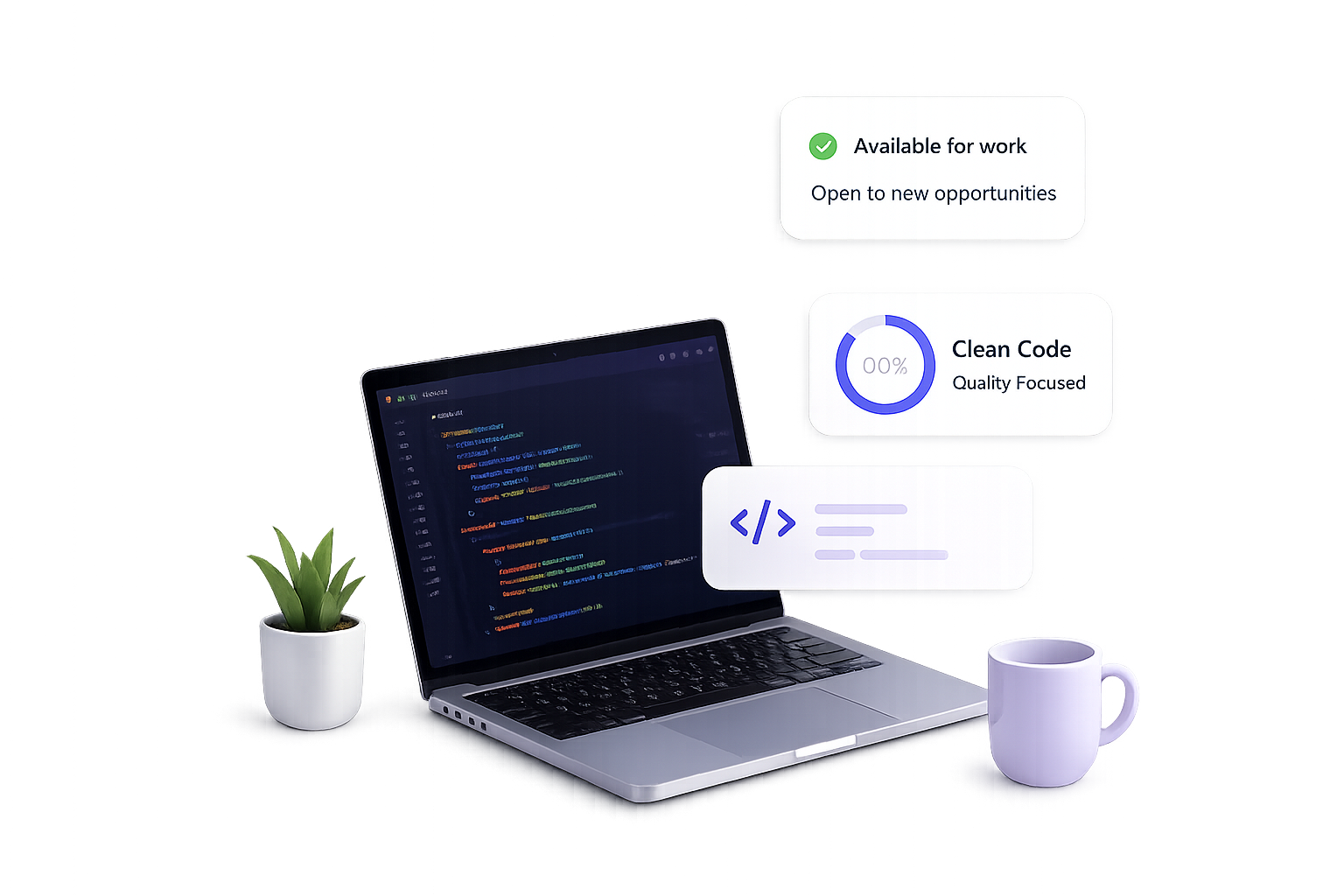 Laptop workspace with clean code
